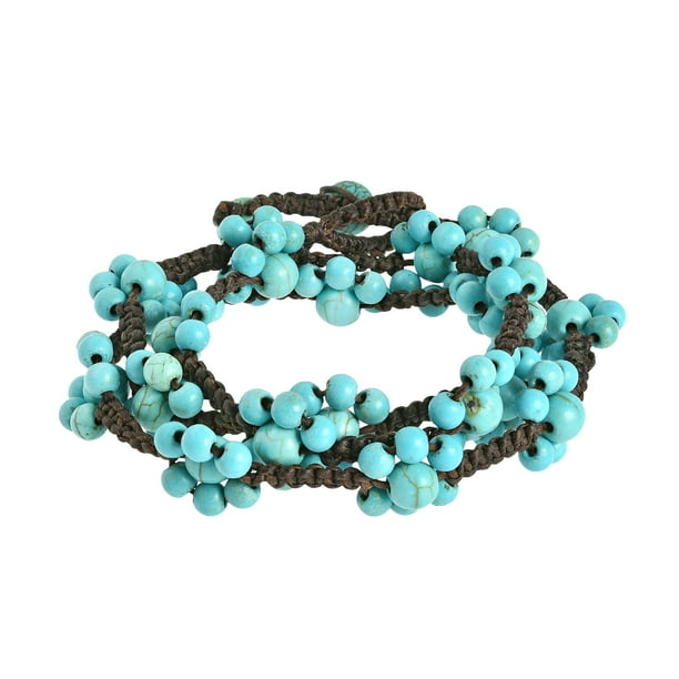 AeraVida White-Blue Blossom Reconstructed White Howlite & Simulated Turquoise Floral Cotton Wax Rope Link Bracelet AeraVida White-Blue Blossom Reconstructed White Howlite & Simulated Turquoise Floral Cotton Wax Rope Link Bracelet